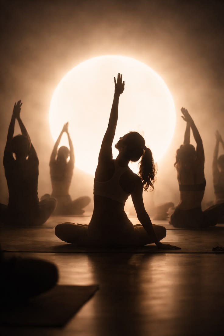 A yoga class in silhouette, arms raised against a glowing sun